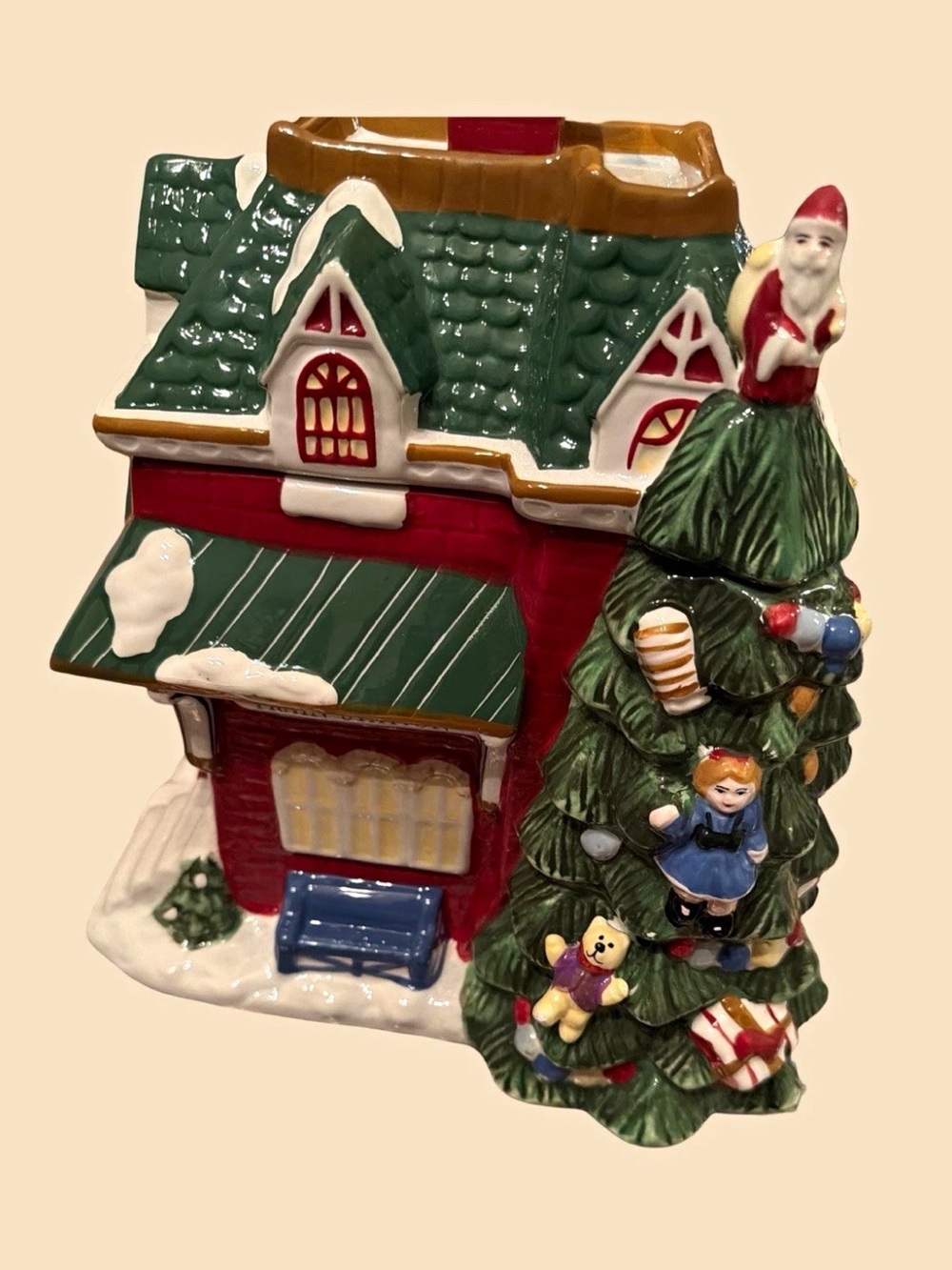Cookie jar Spode Red and Green Holiday Ceramic House with Tree Figurine